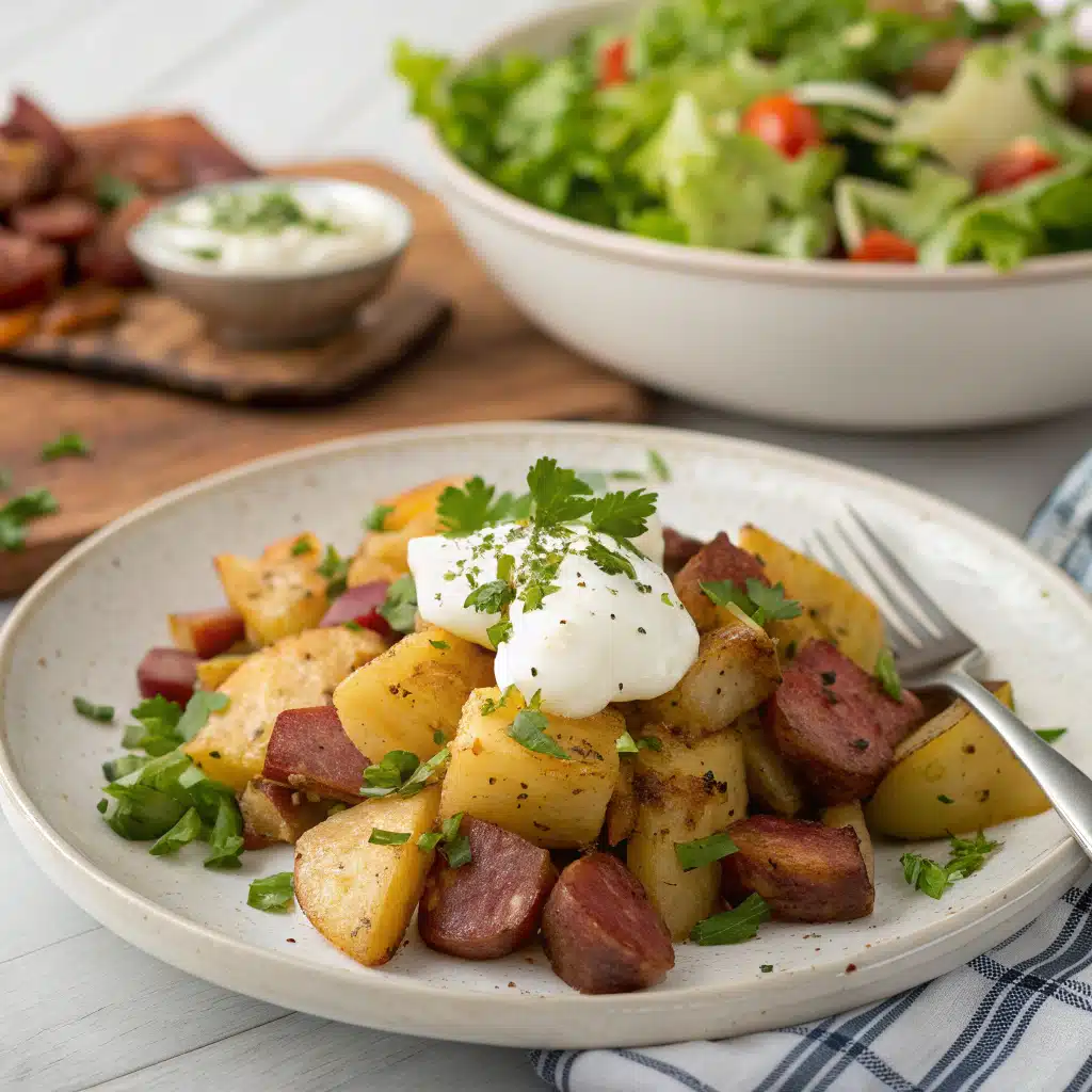 Plated cheesy ranch potatoes with smoked sausage and sour cream