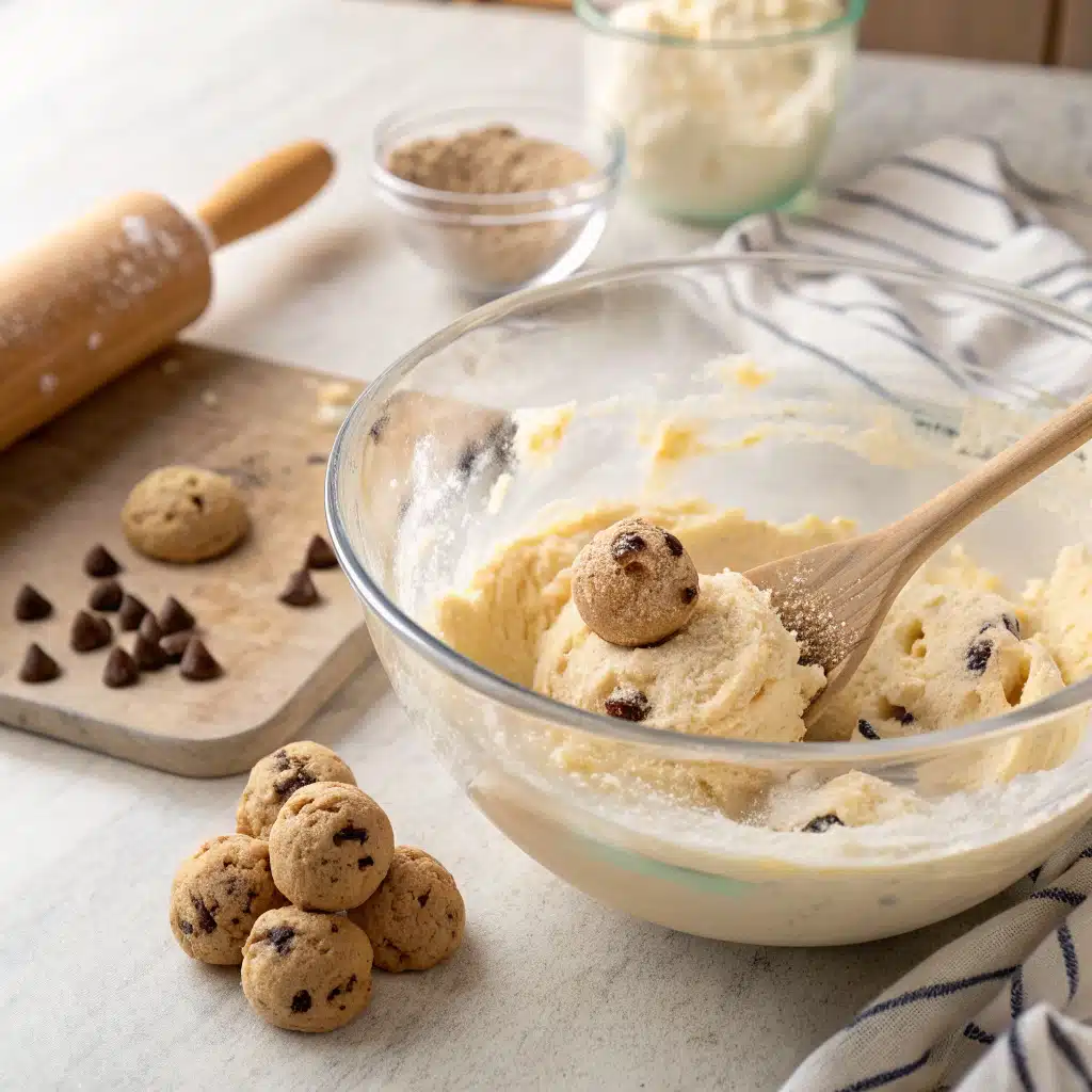 Mixing cheesecake filling with cookie dough balls