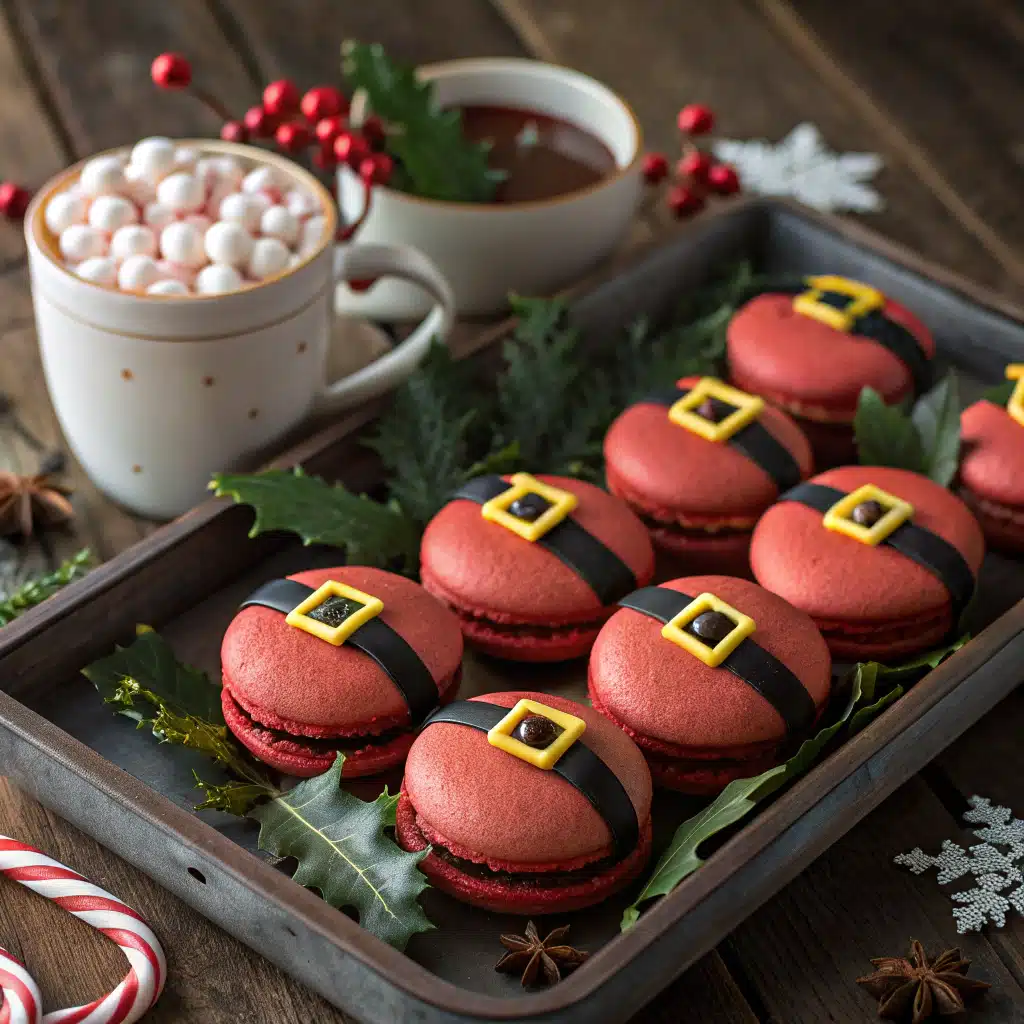Santa Claus Macarons: A Colorful Christmas Cookie Worth the Effort 6 Served Santa Claus Macarons on Christmas platter