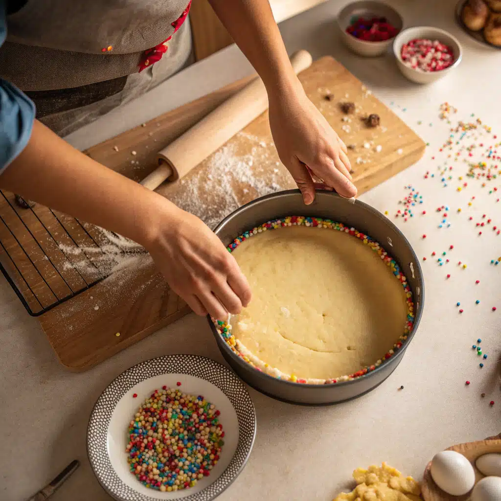 Pressing sugar cookie crust into pan