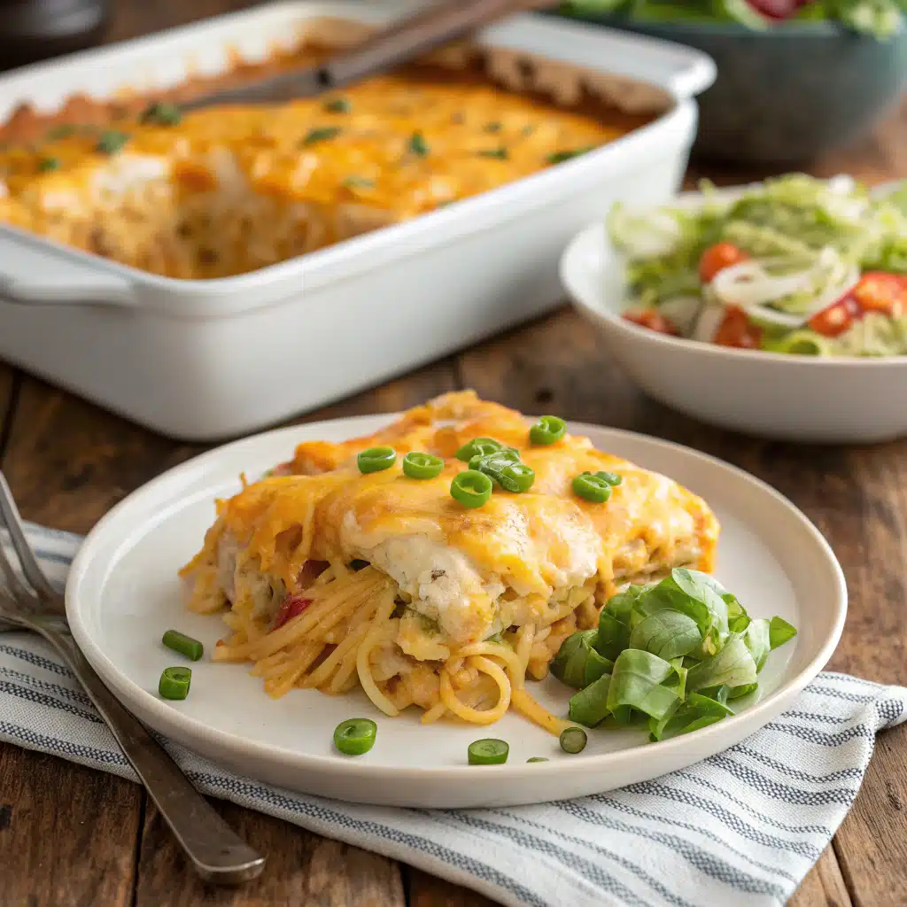 Southern Cheesy Chicken Spaghetti Casserole: A Comforting Classic Made Easy 6 Plated serving of creamy cheesy chicken spaghetti