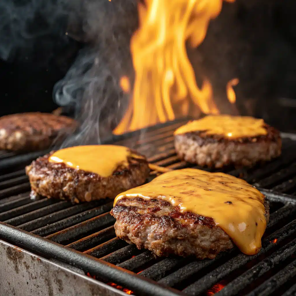 Crack Burgers: A Bold, Juicy Twist on Classic Burger Recipes 6 Crack Burger patties sizzling on the grill with melted cheese