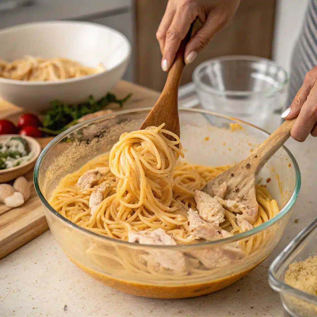 Southern Cheesy Chicken Spaghetti Casserole: A Comforting Classic Made Easy 5 Mixing cooked chicken into creamy spaghetti mixture
