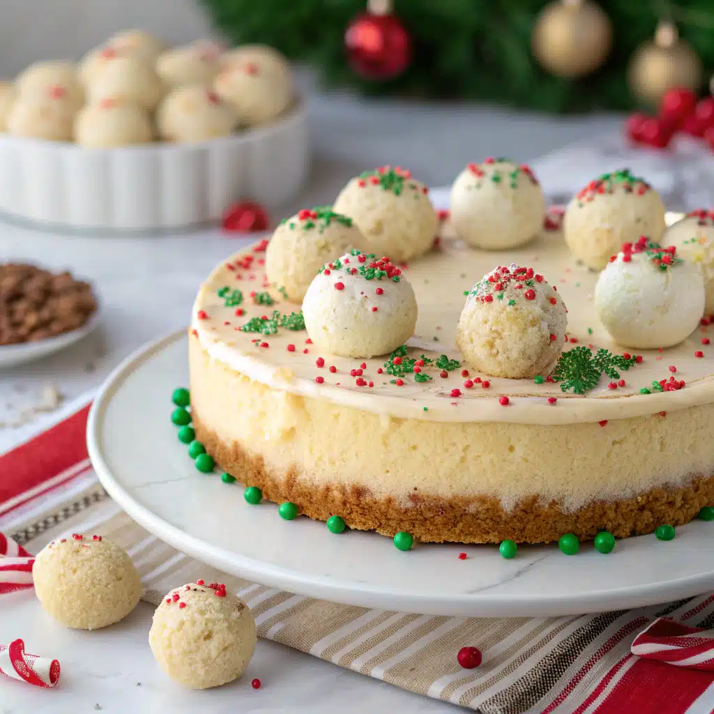 Sugar cookie cheesecake decorated for Christmas