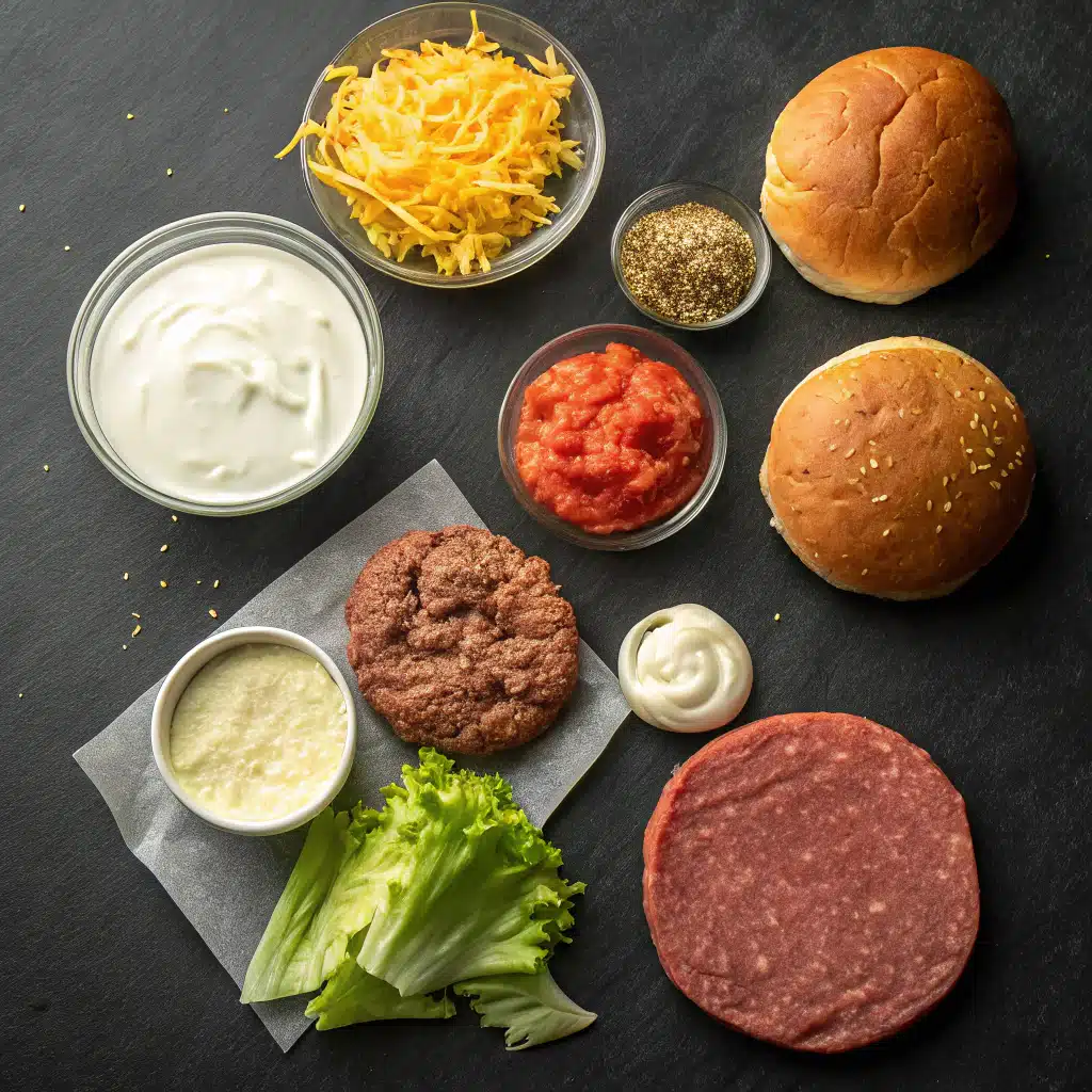 Crack Burgers: A Bold, Juicy Twist on Classic Burger Recipes 4 Ingredients for Crack Burgers laid out on dark kitchen counter