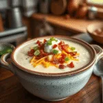 Baked Potato Soup topped with cheese, bacon, sour cream, and green onions