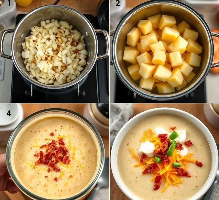 Delicious Baked Potato Soup to Warm Your Soul (Easy, Creamy, and Loaded) 3 Step-by-step process of making Baked Potato Soup in four panels