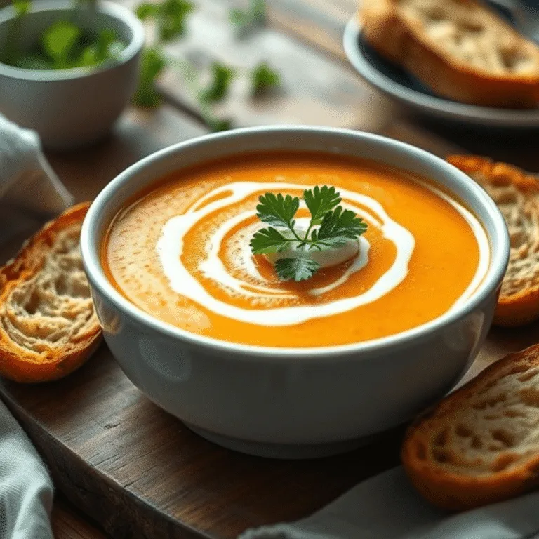 Carrot Potato Soup served in a white bowl with parsley garnish and bread