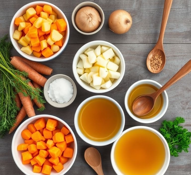 Carrot Potato Soup That Warms Your Heart and Comforts Your Soul 2 Ingredients for Carrot Potato Soup arranged on a rustic kitchen counter