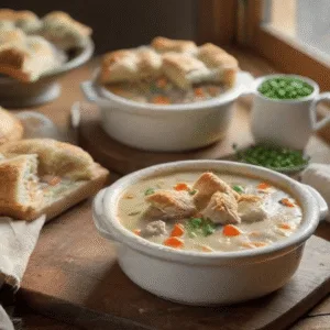 Chicken Pot Pie Soup Recipe served in a rustic bowl with puff pastry