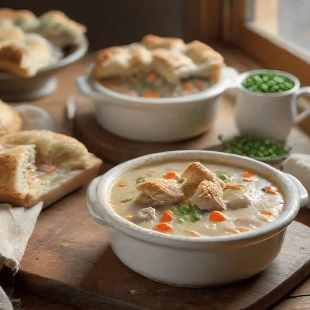 Chicken Pot Pie Soup Recipe: Cozy, Creamy Comfort in a Bowl 4 Chicken Pot Pie Soup Recipe served in a rustic bowl with puff pastry