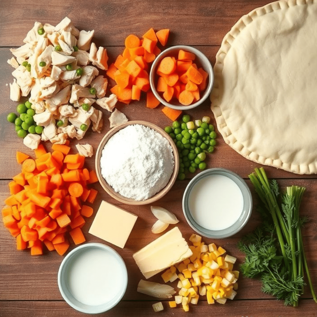 Chicken Pot Pie Soup Recipe: Cozy, Creamy Comfort in a Bowl 2 Ingredients for Chicken Pot Pie Soup neatly arranged on a wooden surface