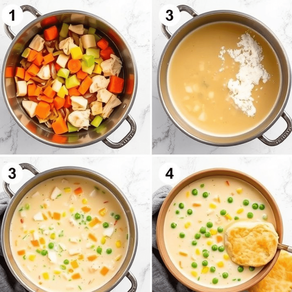 Chicken Pot Pie Soup Recipe: Cozy, Creamy Comfort in a Bowl 3 Step-by-step Chicken Pot Pie Soup Recipe cooking process