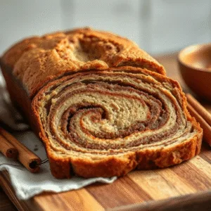 Cinnamon Swirl Banana Bread loaf sliced on wooden board with cinnamon sticks
