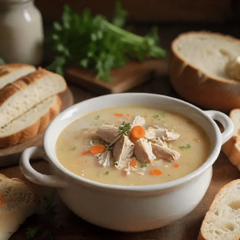 Creamy Chicken Soup in a rustic bowl with chicken, carrots, celery, and noodles