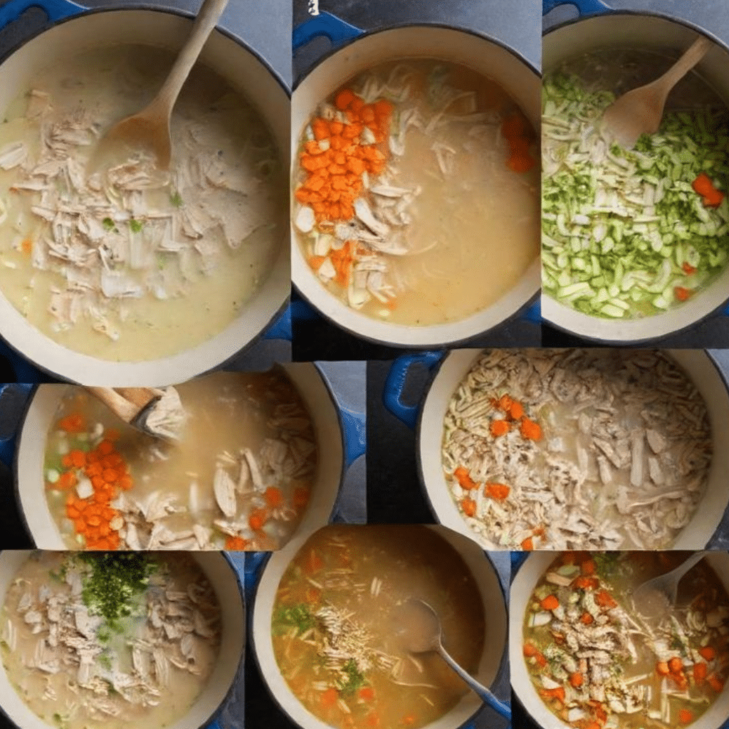 Creamy Chicken Soup: Soul-Warming Comfort for Chilly Evenings 3 Step-by-step process of making Creamy Chicken Soup in four panels