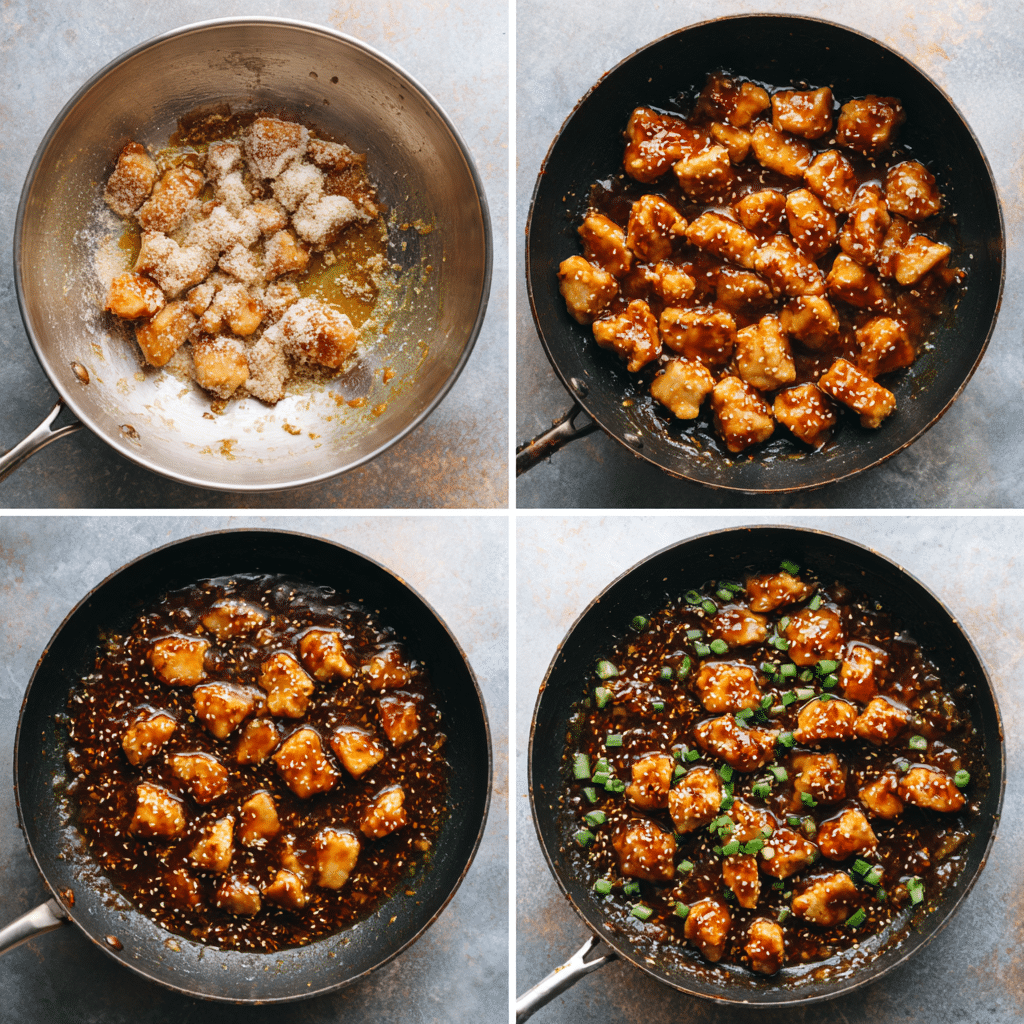 Step-by-step cooking process for Easy Sesame Chicken in 4 panels