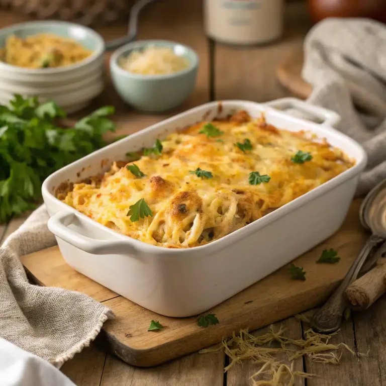 Southern Cheesy Chicken Spaghetti Casserole in baking dish