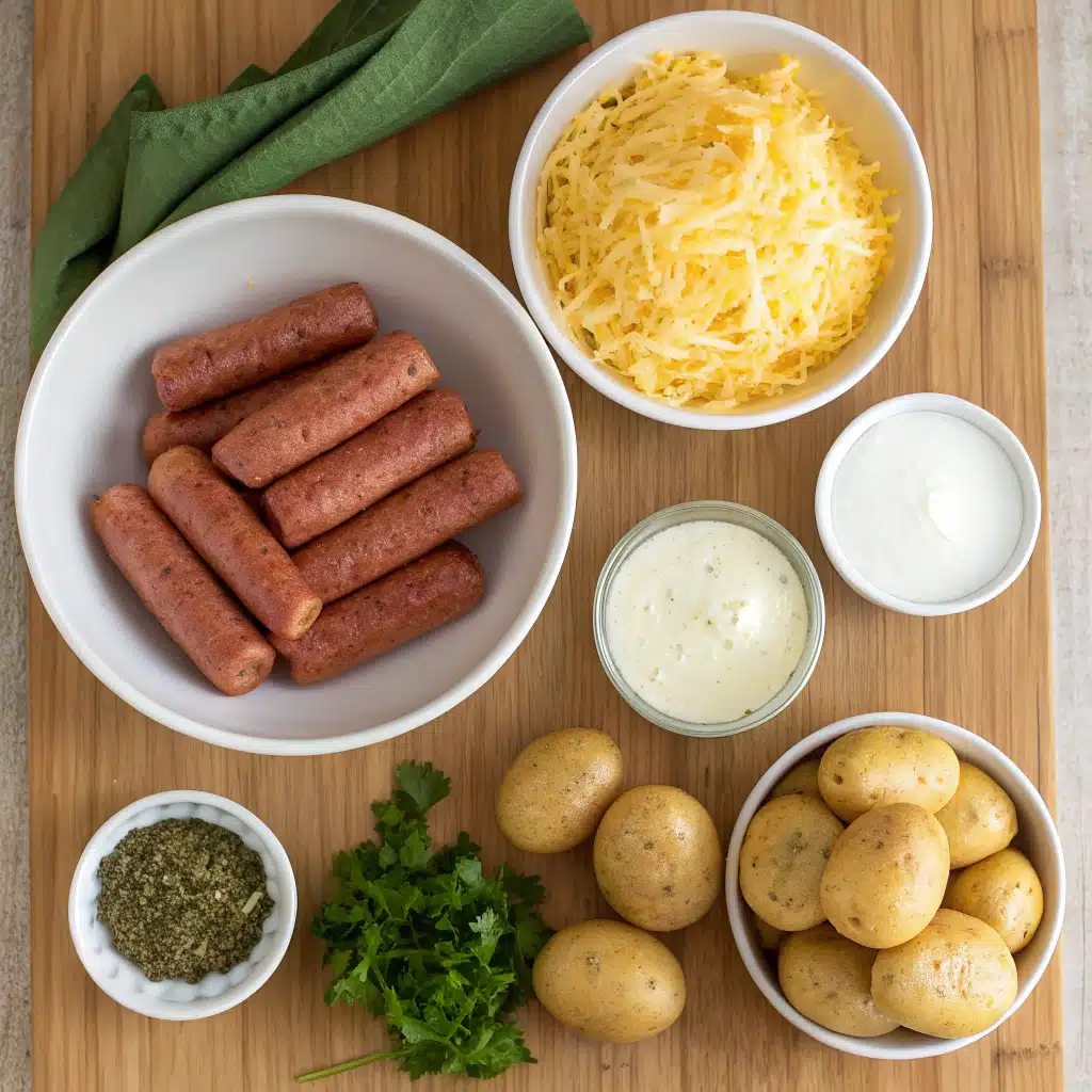 Ingredients for cheesy ranch potatoes and smoked sausage