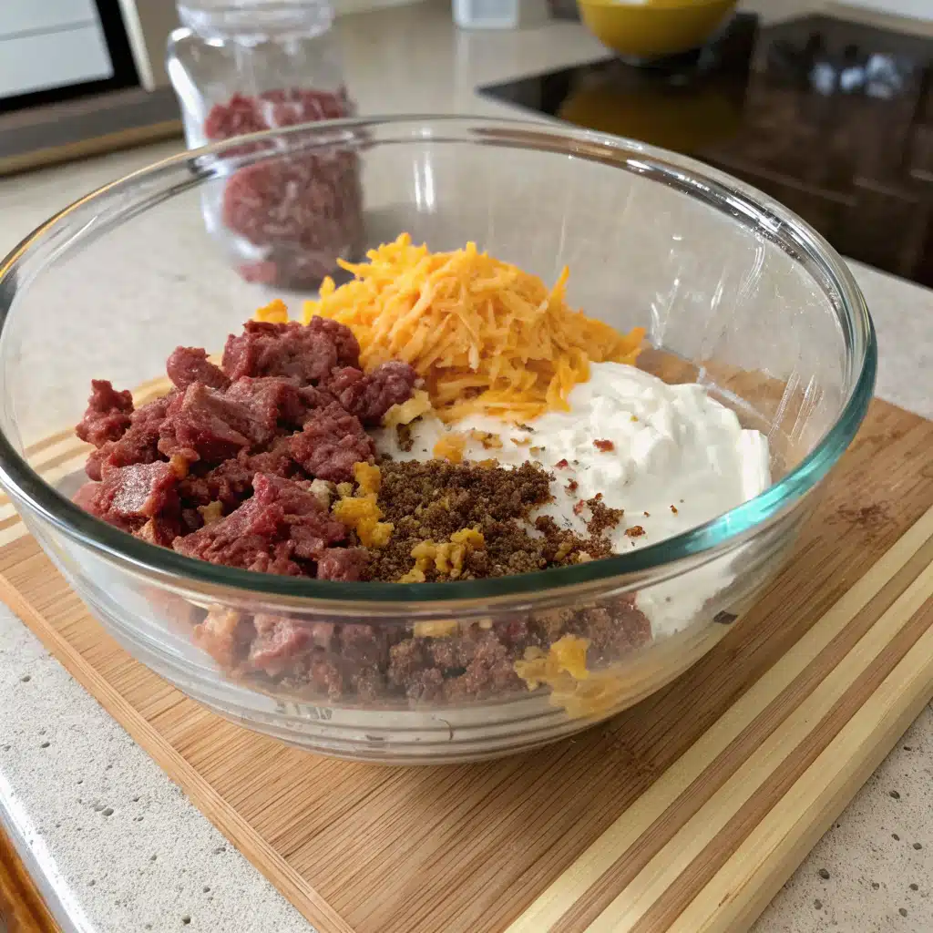 Crack Burgers: A Bold, Juicy Twist on Classic Burger Recipes 5 Mixing beef, cheese, bacon, and ranch in a bowl for Crack Burgers