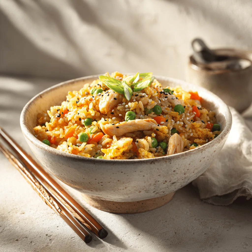 Chinese Chicken Fried Rice: Quick, Flavorful Comfort in Minutes 2 Chinese Chicken Fried Rice in ceramic bowl with vegetables and chicken