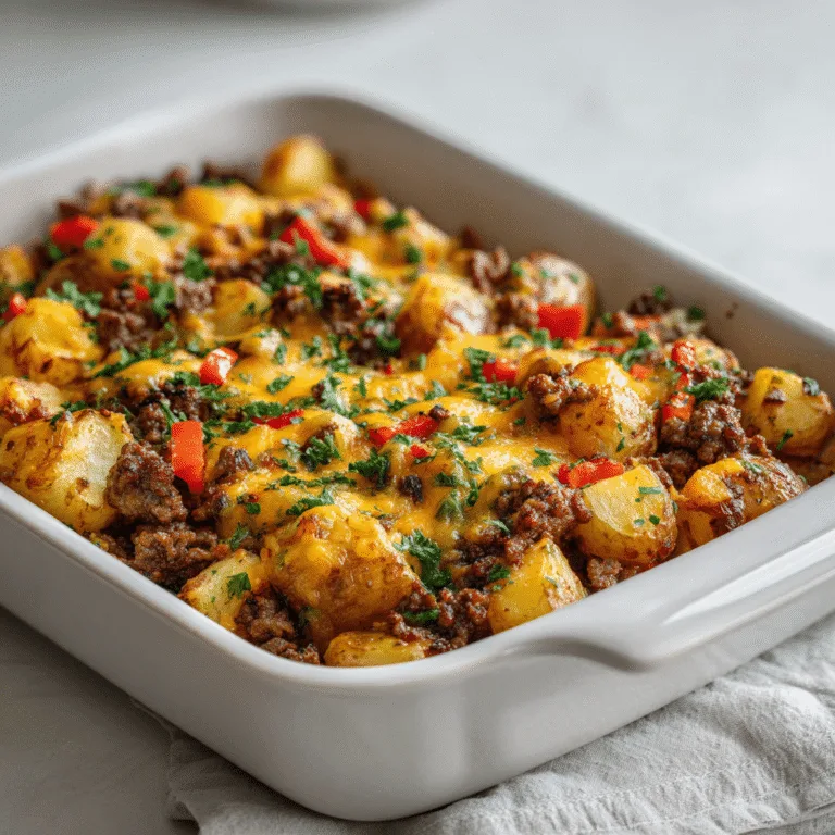 Featured Hobo Casserole with Ground Beef & Potatoes in a modern simple kitchen