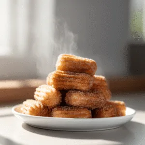 Delicious Baked Churro Bites golden brown stacked on a plate