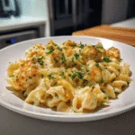 Cheesy chicken pasta recipe with melted cheese and parsley