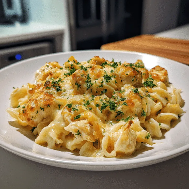 Cheesy chicken pasta recipe with melted cheese and parsley