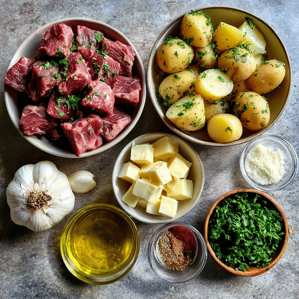 Garlic Butter Steak Bites and Potatoes: Irresistibly Cozy Dinner to Savor 3 Fresh ingredients for Garlic Butter Steak Bites and Potatoes on counter