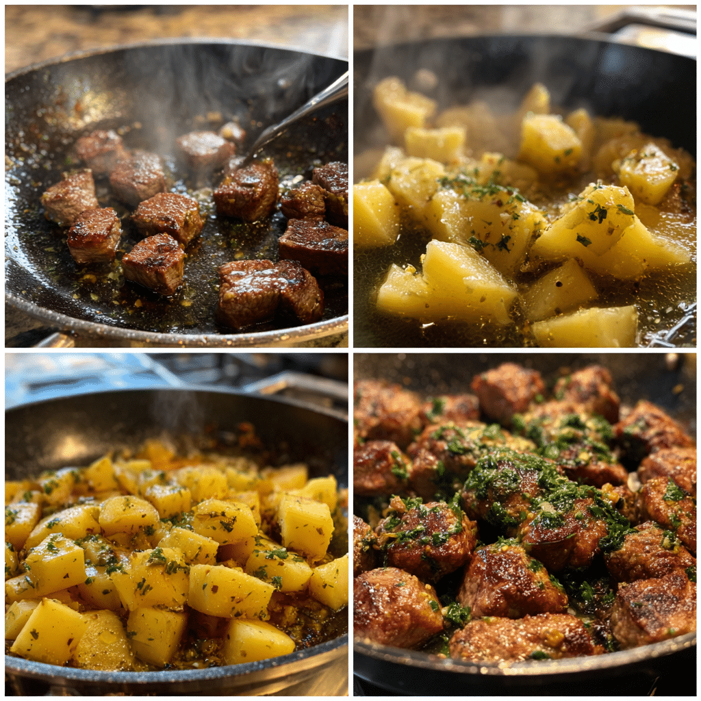 Garlic Butter Steak Bites and Potatoes: Irresistibly Cozy Dinner to Savor 4 Fresh ingredients for Garlic Butter Steak Bites and Potatoes on counter