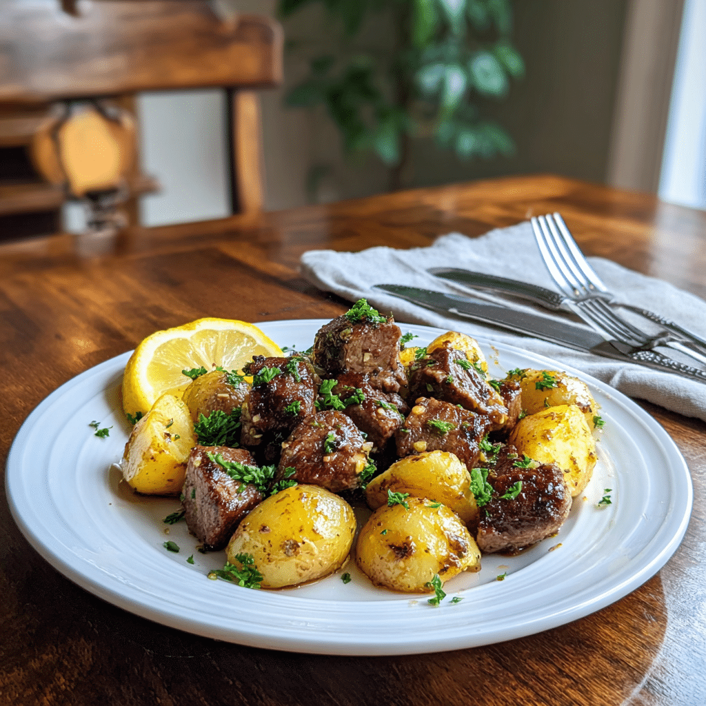 Garlic Butter Steak Bites and Potatoes: Irresistibly Cozy Dinner to Savor 5 Garlic Butter Steak Bites and Potatoes served on dinner plate