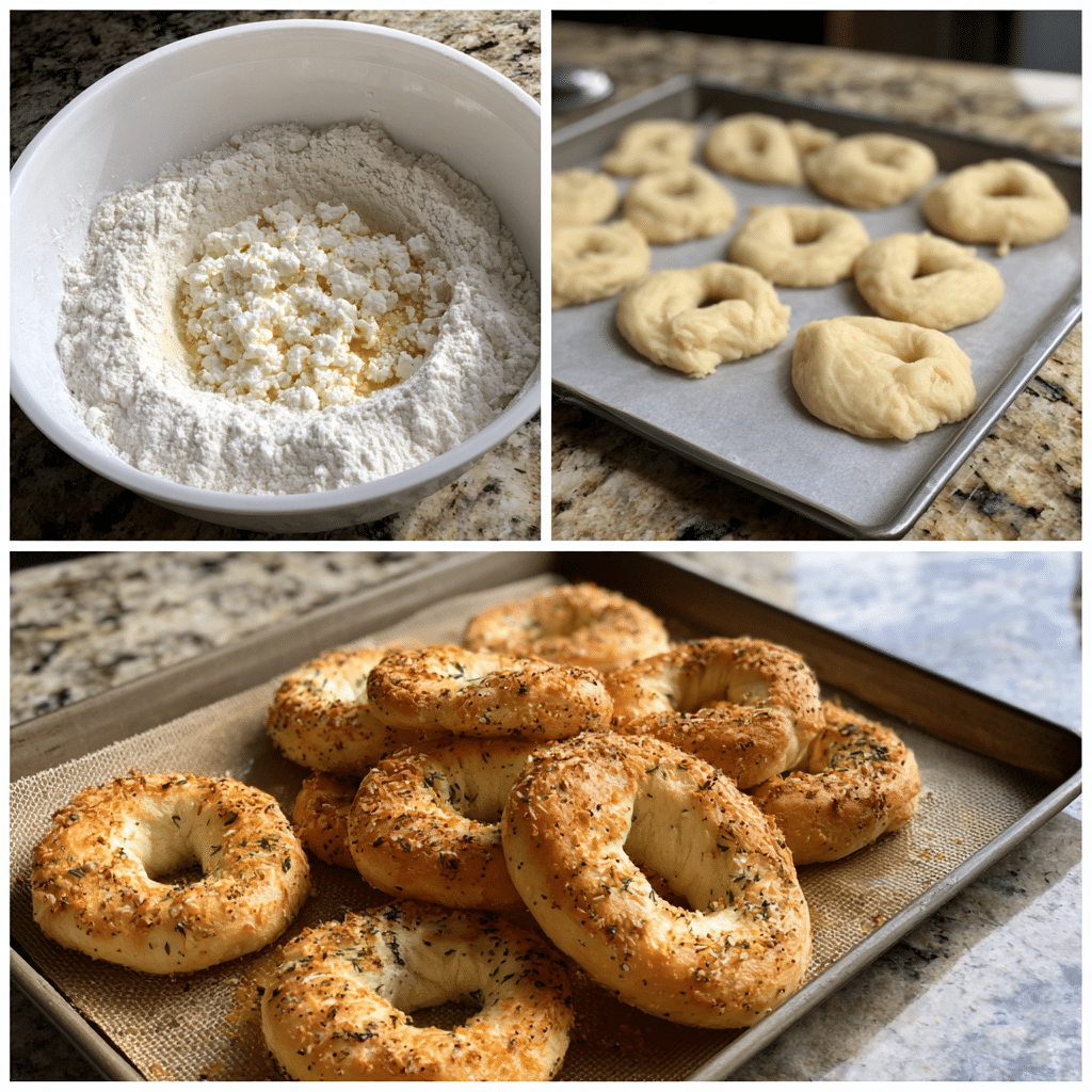 Step-by-step images showing how to make Greek Yogurt Bagels