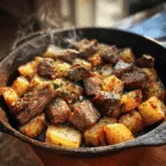 Garlic Butter Steak Bites and Potatoes in skillet, homemade style