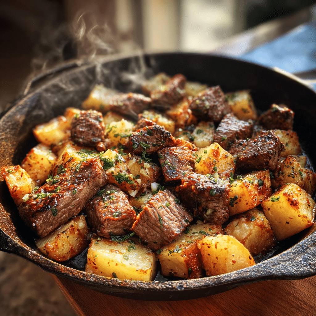 Garlic Butter Steak Bites and Potatoes: Irresistibly Cozy Dinner to Savor 2 Garlic Butter Steak Bites and Potatoes in skillet, homemade style