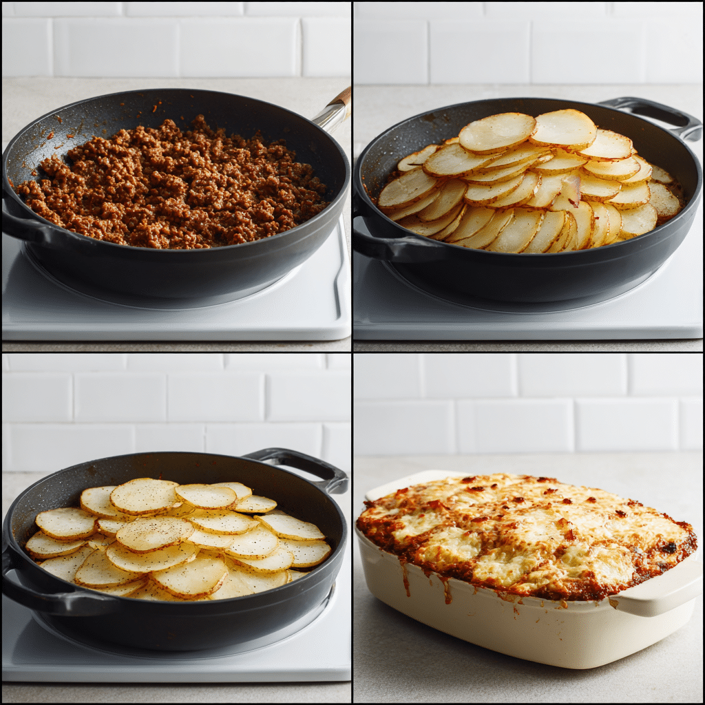 Hobo Casserole with Ground Beef & Potatoes: A Delicious Family-Friendly Easy Bake for Dinner 5 Step-by-step process of Hobo Casserole with Ground Beef & Potatoes in a modern kitchen