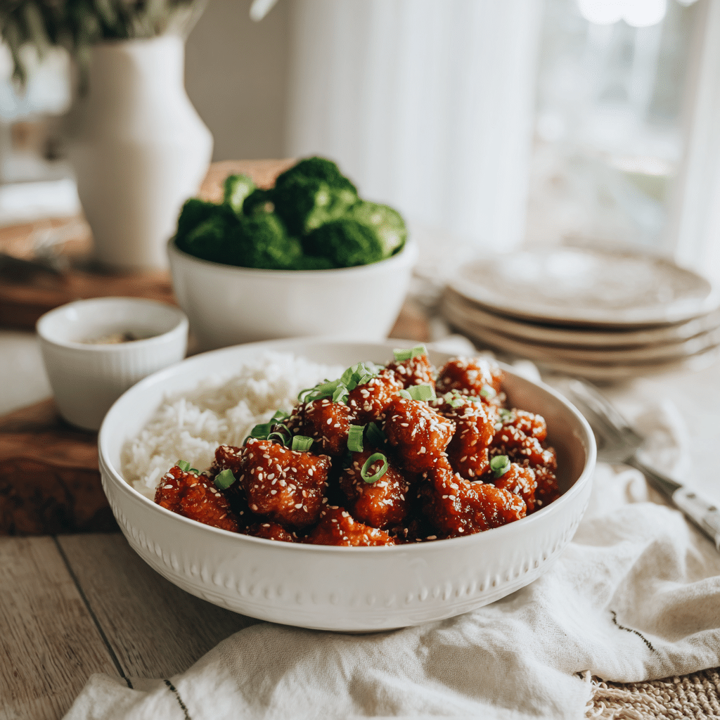 Easy Sesame Chicken Delight: A Flavor-Packed Dinner Winner 5 Easy Sesame Chicken served with rice and broccoli