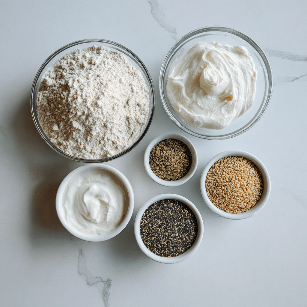 Ingredients for Greek Yogurt Bagels with flour, yogurt, and toppings
