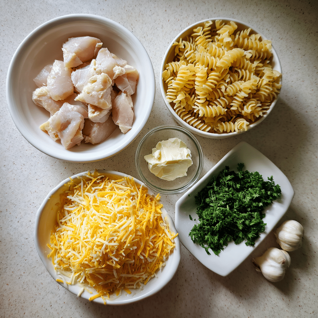 Cheesy Chicken Pasta: Irresistibly Creamy Dinner Recipe That Wows Everyone 3 Ingredients for cheesy chicken pasta recipe laid out neatly