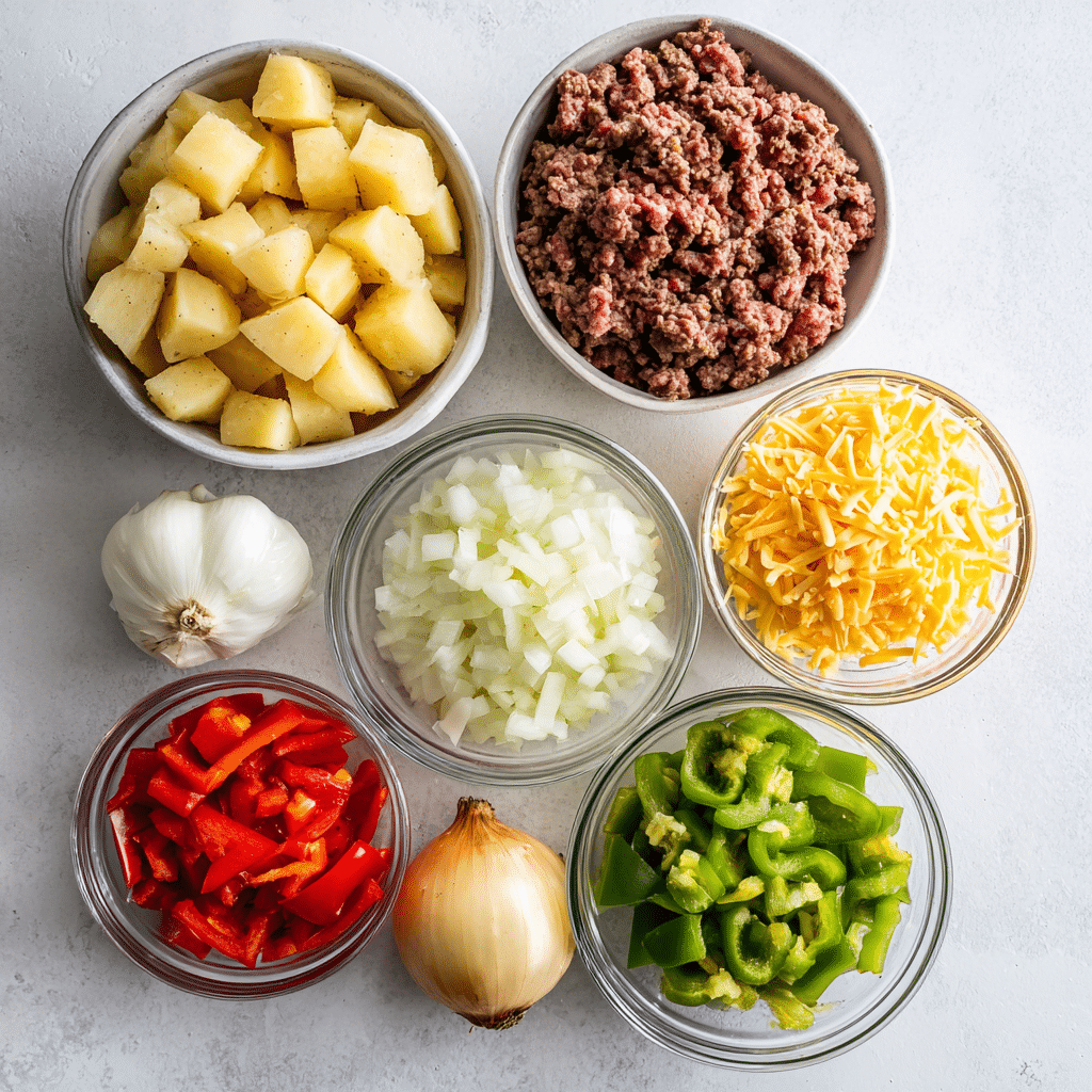Hobo Casserole with Ground Beef & Potatoes: A Delicious Family-Friendly Easy Bake for Dinner 4 Ingredients for Hobo Casserole on a clean white countertop in modern kitchen