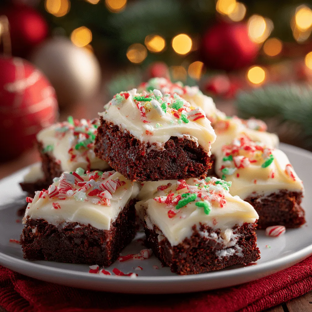Frosted Christmas Brownies with festive holiday decorations