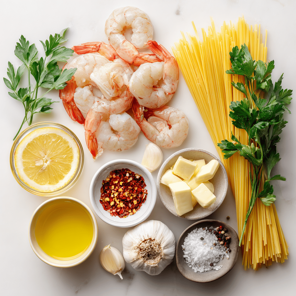 One-Pot Garlic Butter Shrimp Pasta: Flavorful, Fuss-Free Dinner Delight 3 Fresh ingredients for One-Pot Garlic Butter Shrimp Pasta flat lay