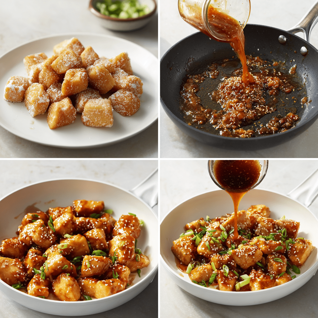 Honey Sesame Chicken Happiness: A Delicious, Healthy Homemade Recipe 4 Step-by-step Honey Sesame Chicken cooking process in 4 panels