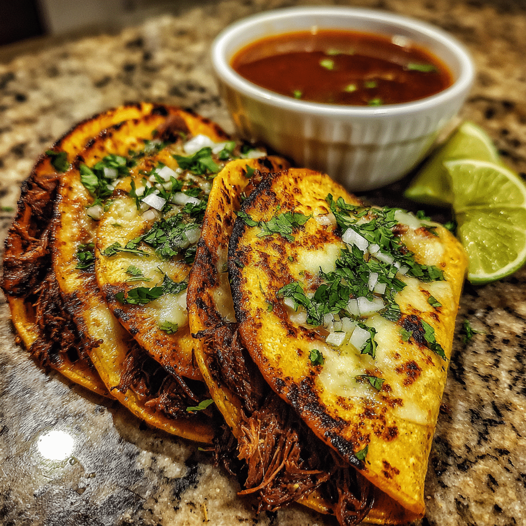 Birria Tacos Delight: A Soul-Warming Beef Birria Recipe 5 Hyper realistic Birria Tacos served with consommé and lime