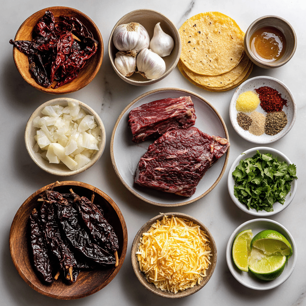 Birria Tacos Delight: A Soul-Warming Beef Birria Recipe 3 Hyper realistic ingredients for Birria Tacos on kitchen counter