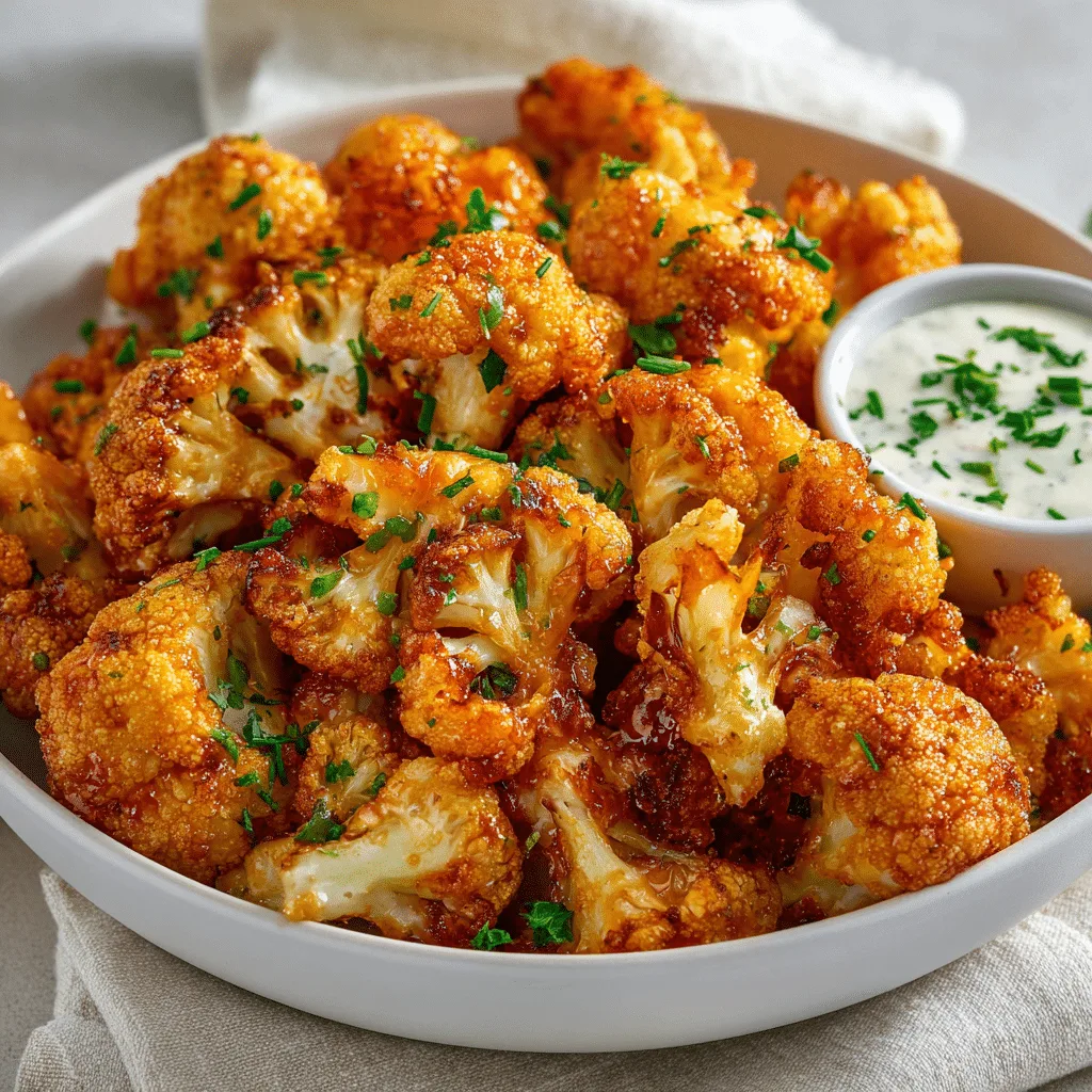 Air Fryer Buffalo Cauliflower Recipe in bowl with ranch dressing