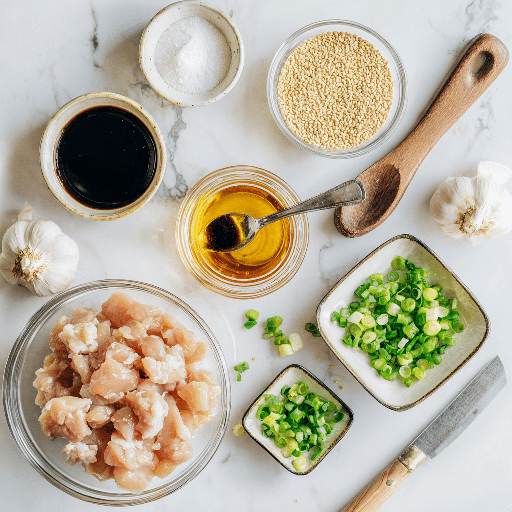 Honey Sesame Chicken Happiness: A Delicious, Healthy Homemade Recipe 3 Ingredients for Honey Sesame Chicken on a white counter