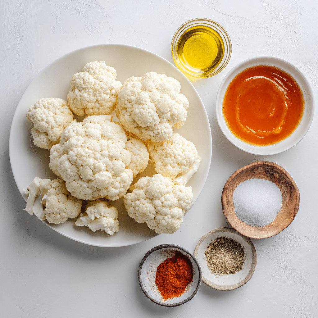 Ingredients for Air Fryer Buffalo Cauliflower neatly arranged