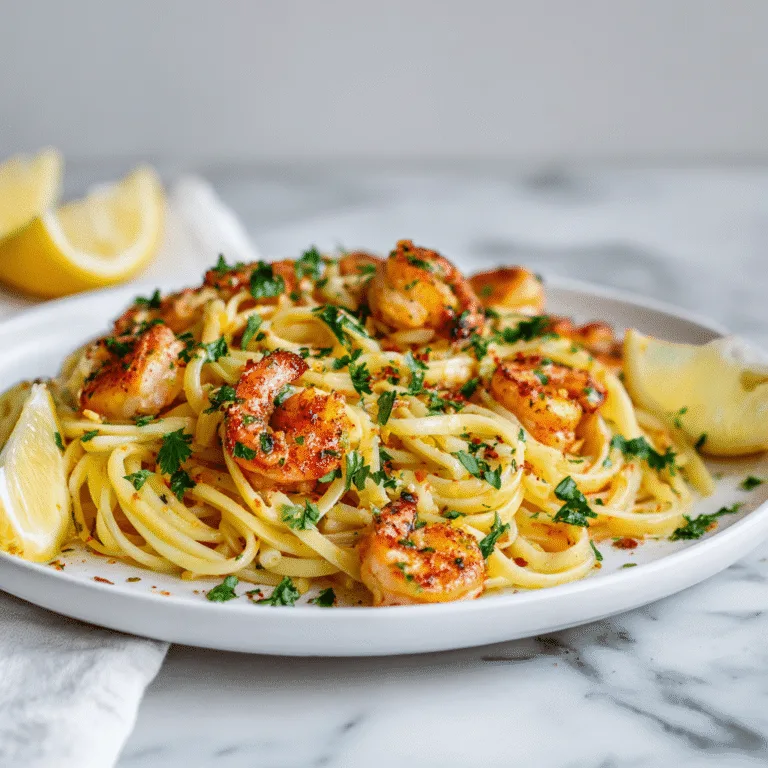 One-Pot Garlic Butter Shrimp Pasta beautifully plated with lemon and parsley