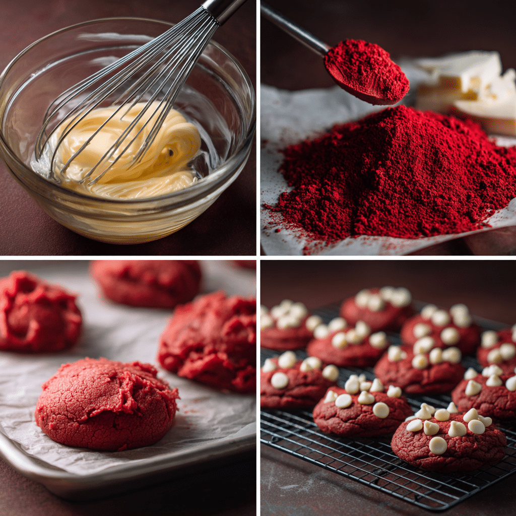Step by step process making Red Velvet Cookies – mixing, scooping, and baking
